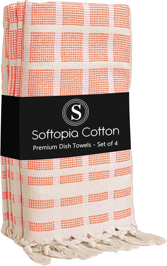 Matrix Dobby Kitchen Towels 4 Pack 100% Cotton, 16x26 Inches, Decorative Tea Towels with Handmade Tassels, Absorbent, Reusable Dish Cloths for Drying Dishes - Bright Orange, Natural