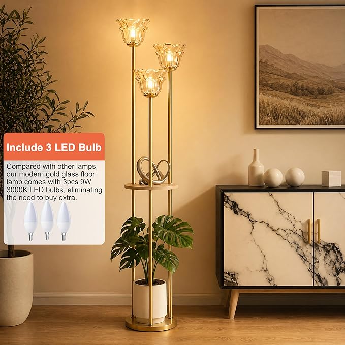 Fiqevs Crystal Floor Lamp with Shelves, 3 Head Modern Gold Standing Lamp with Table, Amber Flower Crystal Shade Brass Corner Lamp Mid Century Retro for Living Room, Bedroom