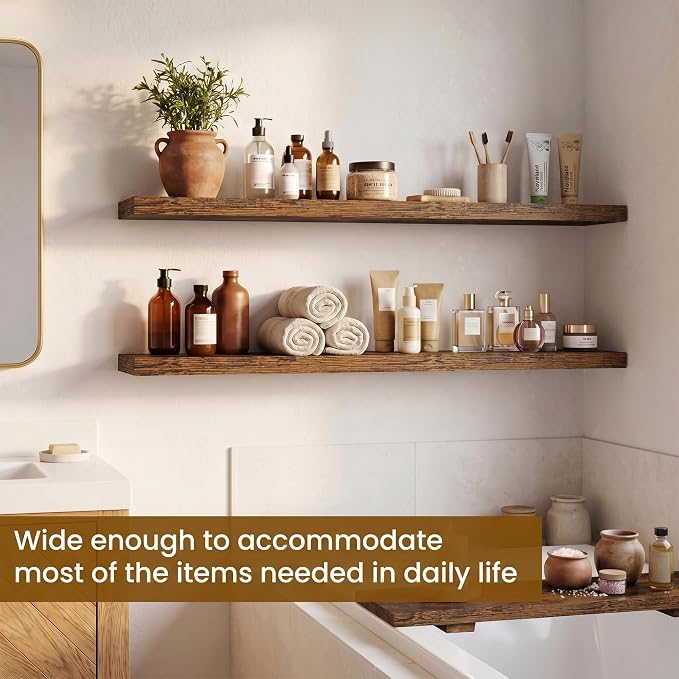Dreamland Floating Shelves for Wall, Rustic Brown Floating Shelves for Bathroom|Bedroom|Kitchen, Deep Wall Mounted Book Shelf, Wood Storage Display Shelf for Home Decor, Set of 2