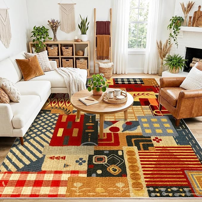 9x12 Abstract Tribal Patchwork Large Area Rug, Colorful Boho Tribal Geometric Rugs for Living Room, Non Slip Low Pile Washable Indoor Carpet Rug for Bedroom, Entryway, Dining Room, Home Office Decor