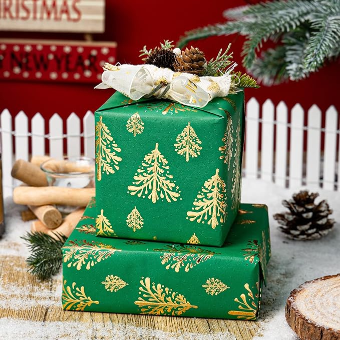 Flyhill Kraft Christmas Wrapping Paper, Green 3D Embossed Gold Foil Christmas Pine Tree with Woodlands Wrap Paper for Holiday, Party,Celebration, New Year (17 Inch X 32.8 Feet)