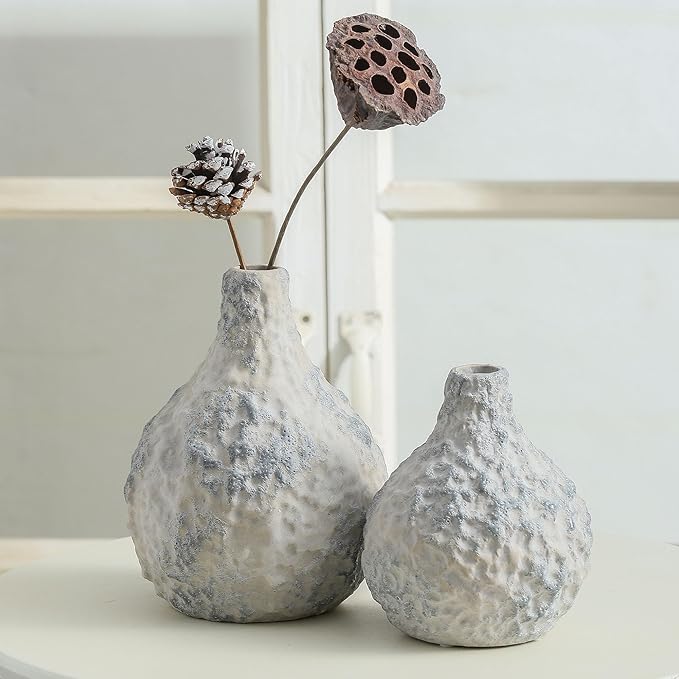 Stone Vases, Ceramic Bud Vase Set of 2 Minimalist Vases for Pampas Grass,Modern Vase for Wabi Sabi Home Decor, Shelf Decoration，Fireplace Decor,Coffee Table Decor
