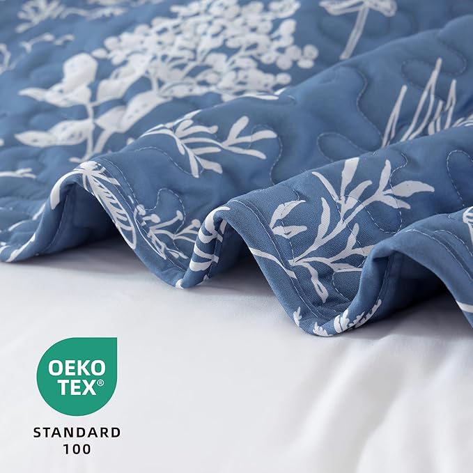 JANZAA Quilts Queen Size Infinity Blue Floral Queen Quilt Bedding Set Microfiber Boho Bedspread Lightweight Reversible Coverlet with 2 Pillowcases