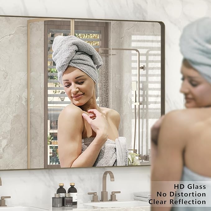 28x36 Bronze Framed Mirror, Brushed Bronze Metal Bathroom Vanity Mirror for Wall, Modern Rectangle Mirror, Rounded Corner, Anti-Rust, Tempered Shatterproof (Horizontal/Vertical)