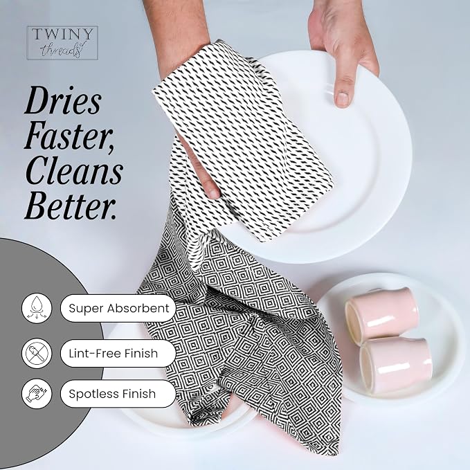 TWINY threads Kitchen Dish Towel Diamond Design, Premium Large 100% Cotton Kitchen Linen Set, Dish Rags for Drying Dishes, Absorbent Quick Drying Wash Rags, Pack of 4, 18 x 26 Inch, Black