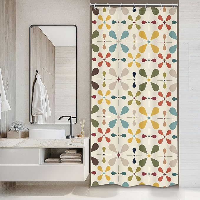 Boho Mid Century Shower Curtain Bathroom Set 36Wx71H Inches Small Stall Modern Vintage Abstract Bohemian Colourful Geometric Retro Bath Accessories Aesthetic Art Home Decor Fabric 7 Pack Hooks