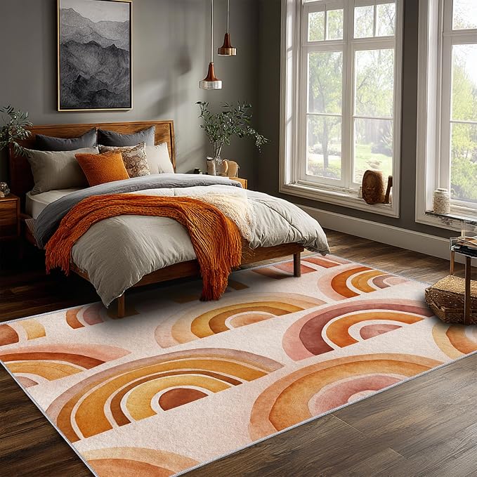 Retro Arcs Area Rug 3x4, Minimalist Arch Pattern Rug, Modern Retro Neutral Carpet for Living Room Bedroom, Non Slip Washable Rug