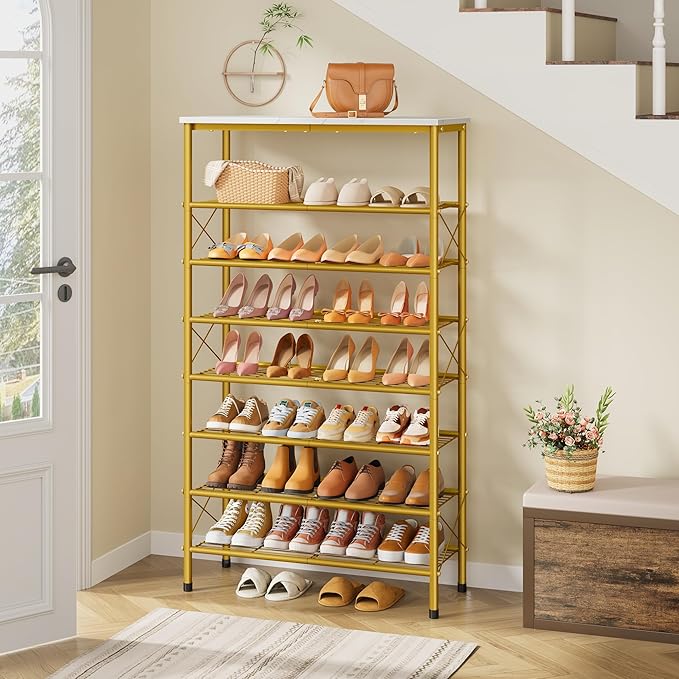 Tajsoon 8 Tier Shoe Rack Organizer for 28-32 Pairs of Shoes, Metal Mesh Shoe Shelf for Closet, Industrial Shoe Rack for Entryway Shoe Storage with X Shape Fixed Frame, White & Gold