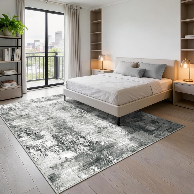 Merelax Washable Area Rugs 5'x8' Grey Abstract Rug for Living Room Bedroom Entryway Nursery, Dining Room and Farmhouse Rug, Non-Slip Modern Indoor Low Pile Soft Floor Carpet, Gray Print Pattern
