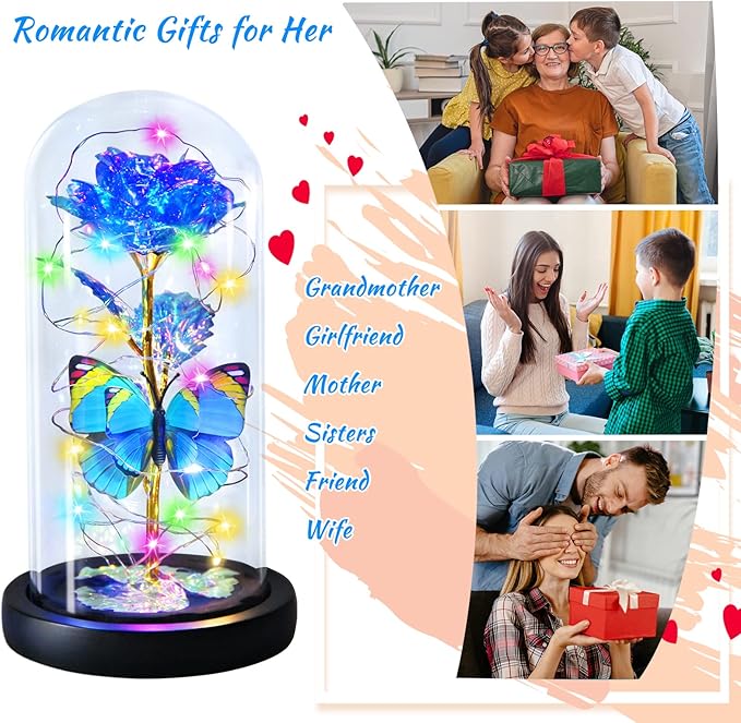 Blue Butterfly Rose Flower Birthday Gifts - Women Gifts for Her Valentines Mothers Day Anniversary Christmas Thanksgiving - Light Up Rose Flower Gifts for Mom Wife Grandma Sister Girlfriend Lady Girl
