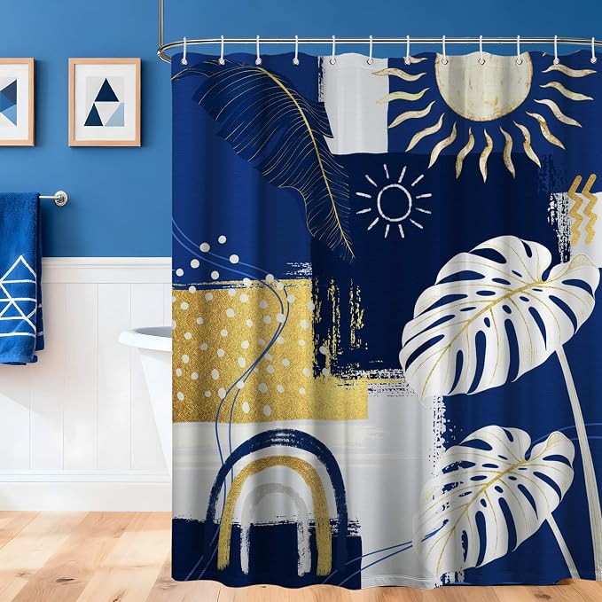 Blue and White Mid Century Modern Shower Curtain Bohemian Abstract Navy Blue and Gold Shower Curtains for Bathroom Decor Sets, Waterproof Cloth Fabric with Hooks, 72x84 Inch