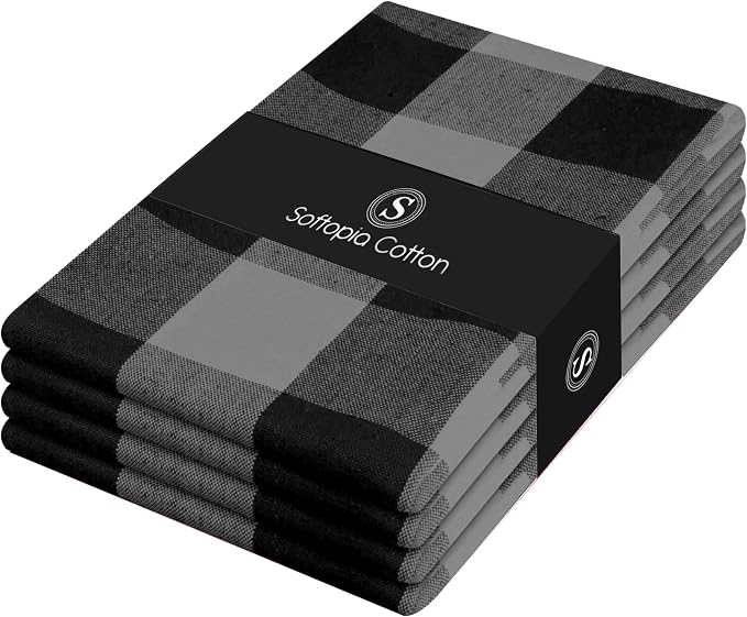 4 Pack Light Grey and Black Buffalo Check Kitchen Towels, 16"x26", Plaid Dish Towels, Absorbent Cotton Cloths for Drying Hands, Cleaning Spills, Farmhouse Kitchen Décor, Holiday