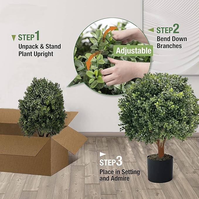 26''T 17D'' Artificial Boxwood Topiary Ball for Outdoors, Set of 2 Potted Bushes, Artificial Boxwood Plants for Front