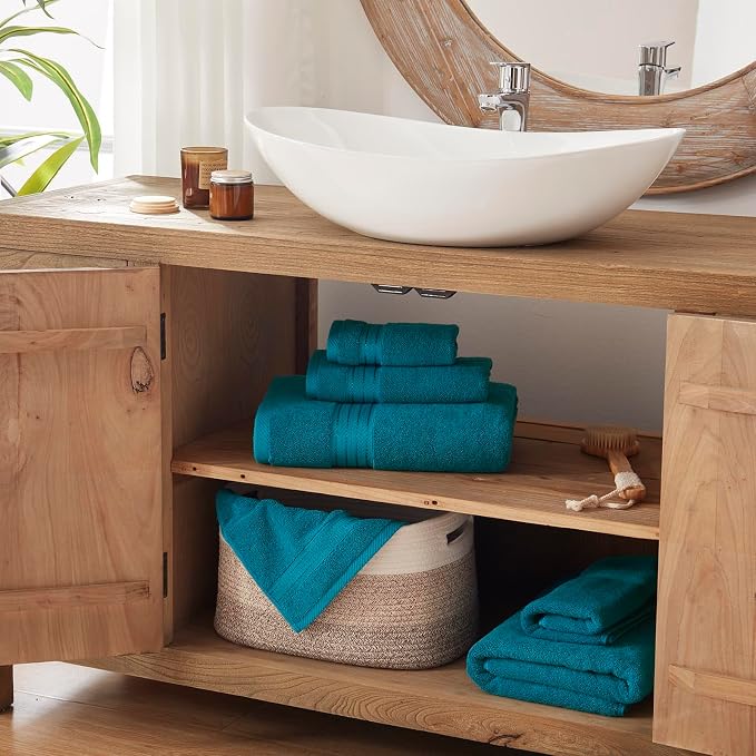 COZYART Luxury Crystal Teal/Peacock Blue Bath Towels Set, Cotton Hotel Large Towels for Bathroom, Thick Bathroom Set of 3 with 1 Bath Towel, 1 Hand Towel, 1 Washcloth, 650 GSM