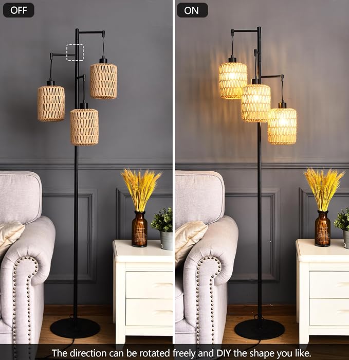 QIYIZM Floor Lamp for Living Room,Bedroom,3-Lights Boho Rattan Tree Floor Lights,Industrial Black Farmhouse Standing Lamp Wicker Rustic Tall Lamp,Woven Bamboo LampShade Floor Lamps Bohemian