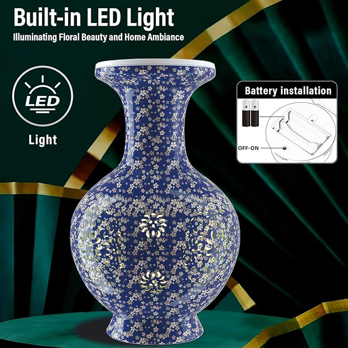 3D Puzzle Vase for Adults, 200 Curved Pieces DIY LED Vase, Unique Craft Kit for Home Decoration, Creative Hobby Gift for Women, Ideal Housewarming & Birthday Gifts (Navy Gold Blossom)
