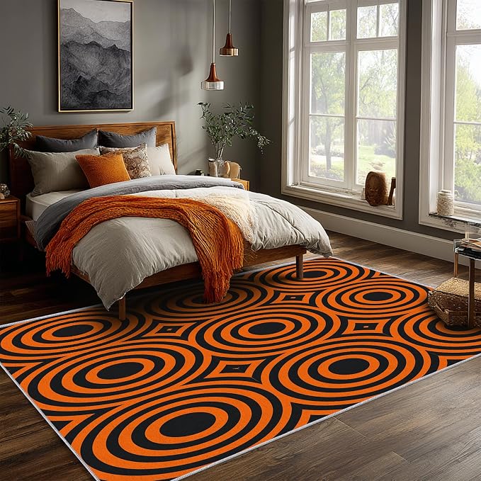 Retro Rings Area Rug 3x5, Optical Geometric Circle Rug, Bold Retro Pattern Carpet for Living Room Bedroom, Non Slip Soft Area Rug
