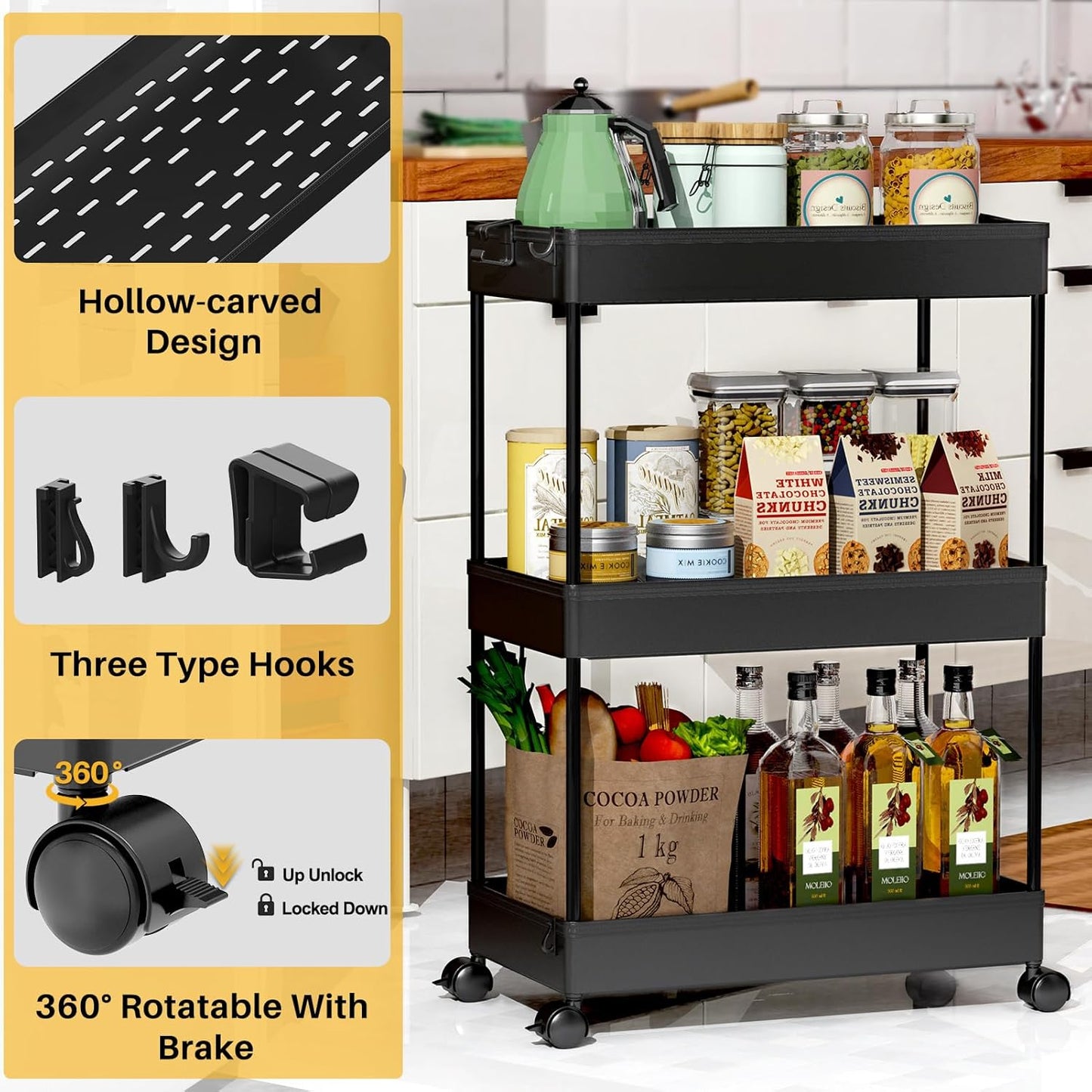 SPACEKEEPER Rolling Storage Cart - 3-Tier Bathroom Organizer with Wheels | Multi-Functional Utility Cart in Black