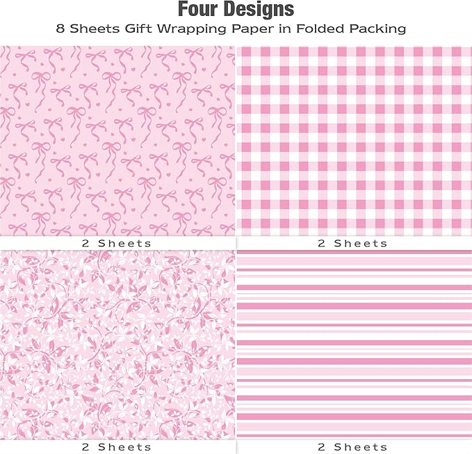 MotiGiftie Pink Wrapping Paper Sheet - 8 Sheets Folded Flat Gift Wrap with Cute Ribbon Bow, Pink Plaid, Stripes and Leaves Design for Girl Baby Shower, Birthday, Wedding - 20 X 28 Inch Per Sheet