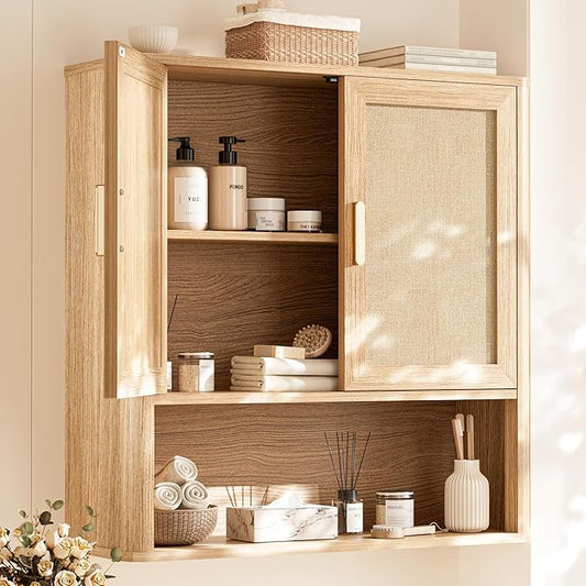 INNOD Rattan Bathroom Wall Cabinet with Open Compartments, Wall-Mounted Medicine Cabinet with Adjustable Wood Shelf & Doors, Over the Toilet Storage Cabinet for Laundry Room & Kitchen & Living Room