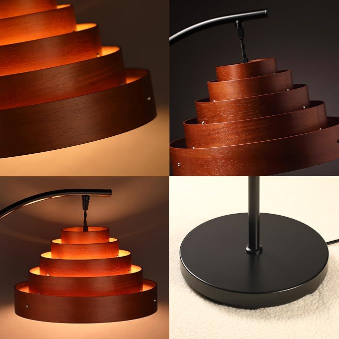 O’Bright Strata Wooden Floor Lamp - Mid Century Modern Standing Lamp with Layered Wood Shade, Tall Reading Lamp for Living Room, Bedroom, Office, Black, Dark Oak, Cascade Shade