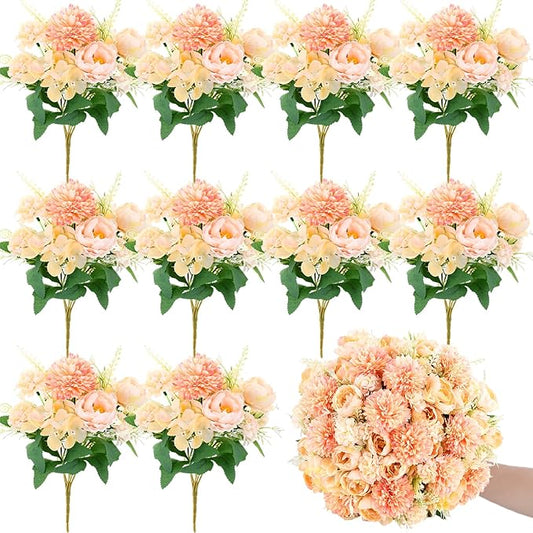12 Bundles Peonies Artificial Flowers Silk Flowers Fake Peony Bouquet Faux Peonies Flowers Bulk for Wedding Decor Centerpiece Table Decorations (Orange)