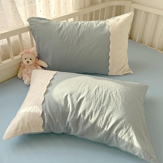 VM VOUGEMARKET Blue Plaid Comforter Set Queen Romantic Lace Comforter with 2 Pillowcases Sky Blue Gingham Bedding Comforter for Teen Girls,90"x90"