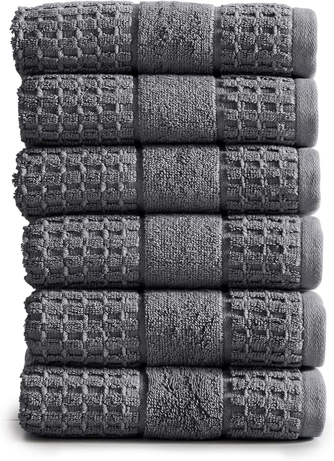 Market & Place 100% Cotton Super Soft Luxury Hand Towel Set | Quick-Dry and Highly Absorbent | Waffle Textured | 550 GSM | Includes 6 Hand Towels | Harper Collection (Dark Grey)