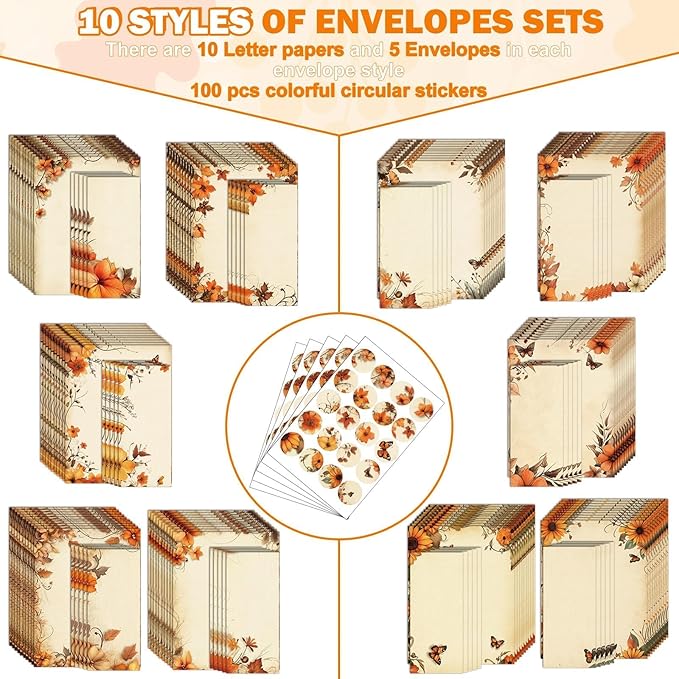 EggSun 250Pcs Fall Thanksgiving Stationery Paper and Envelope Set with 100 Letterhead Papers and 50 Envelopes, 10 Design for Letter Writing Invitations Computer Holidays Party Notes, 8.5x11 Inch-Leaf