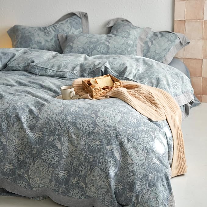 Vintage Grey Duvet Cover Queen 3 Pieces Exquisite Jacquard Flower Bedding Set Queen Yarn-Dyed Cotton Linen Duvet Cover Chic Flower Botanical Comforter Cover Farmhouse Bedding Set Breathable Soft