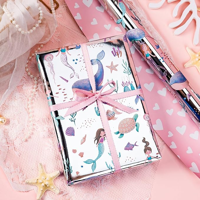 Homeral Mermaid Wrapping Paper Roll, Reversible Gift Wrap with Metallic Foil Whale, Turtle, Shell, Ocean Themed with Pink Heart for Girl Birthday, Baby Shower - Mini Roll - 17 Inch x 16.5 Feet