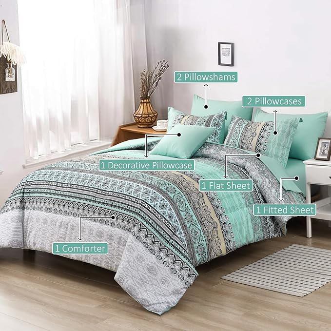 Cottolester Boho Comforter Set Full Size,8 Piece Bed in a Bag Sage Green Paisley Comforter and Sheet Set,Striped Bedding Set Soft Microfiber Complete Bedding Set