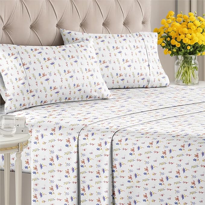 Floral Sheets - Butterfly Floral Bed Sheet Set - 1 Flat, 1 Fitted & 2 Pillowcases w/ Deep Pockets - Wrinkle & Fade Free Boho Botanical Bedding - Soft, Breathable and Cooling - Cal King Size Bed Set