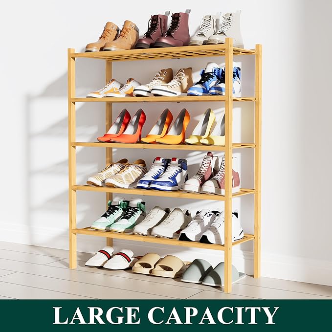 Smiry Shoe Rack, 5 Tier Bamboo Shoe Organizer, Stackable Free Standing Wooden Shoe Storage Shelf for Closet, Entryway, Front Door Entrance, Natural Bamboo
