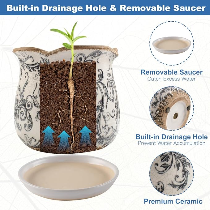 Ceramic-Planters-for-Indoor-Plants with Saucer, 6 inch Vintage Ice Crackle Glaze Plant Pots with Drainage Holes, Decorative Flower Pots for Outdoor Garden Home Decor, Tuscan Pot for Plant