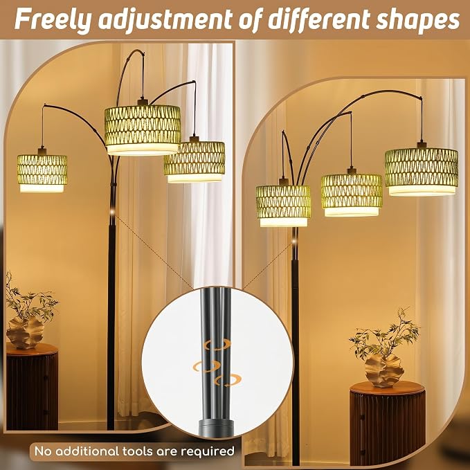 Arc Floor Lamp for Living Room, 80 Inch Rattan Floor Lamp with Rotary Switch, 3 Lights Boho Tall Lamp with Green Wicker Shade for Coastal,Bohemian,Tree Farmhouse Standing Lamp
