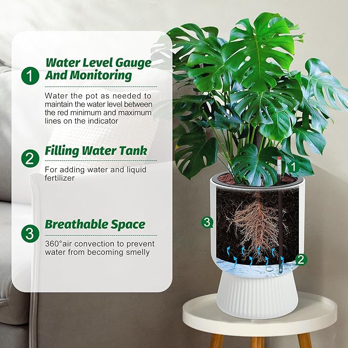 14.2" Tall Planters Set of 2, Plant Pots, Self Watering Pots for Indoor Plants, Flower Pots with Built-in Drainage and a Water Level Monitor, for Patio, Porch, Living Room, or Office, White