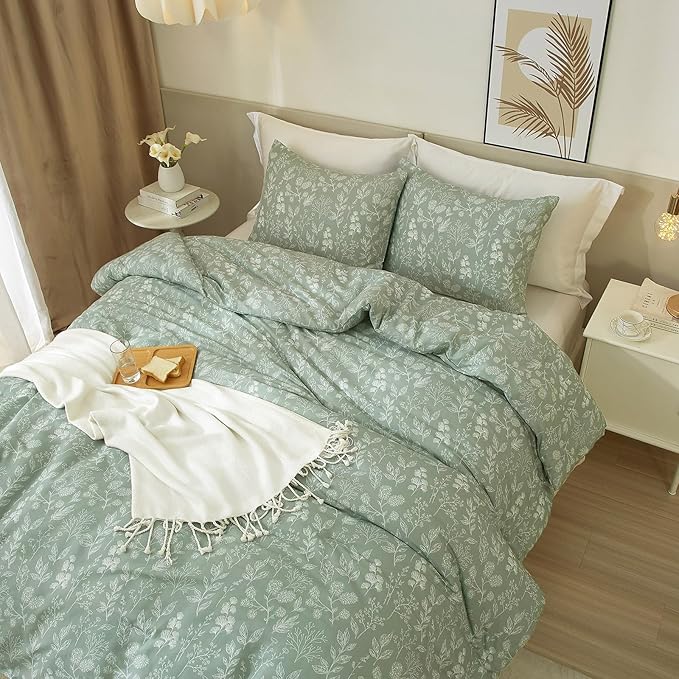 EAVD Vintage Style Garden Sage Floral Duvet Cover Full Soft Cotton Chic Shabby Cute Floral Botanical Bedding Set with 2 Pillowcases Fresh Reversible Botanical Duvet Cover with Zipper Closure