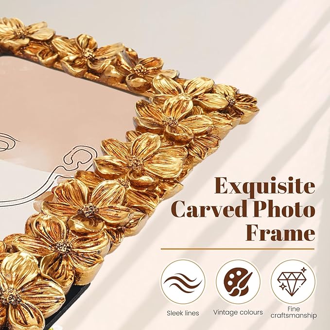 Floral Photo Frame 4x6, Gold Vintage Picture Frames with Carved Flower, Resin Picture Frame with Glass Front, Photos Display for Tabletop or Wall Hanging, Ornate Handmade Photo Frames, Gift Ideas