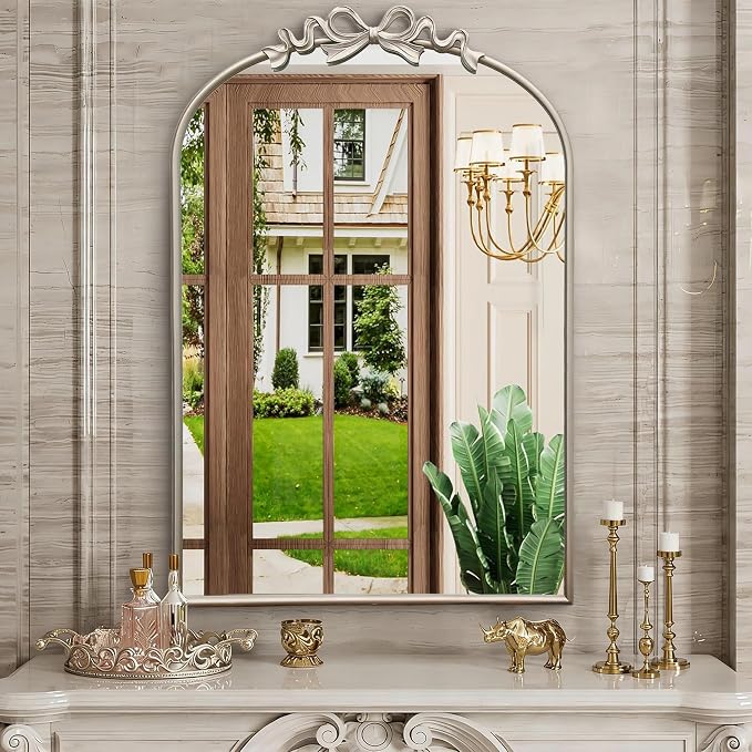 Besdomus Vintage Arched Wall Mirror: 24"x36" Large Champagne Silver Antique Bow Wall Mounted Mirror - Baroque Traditional Ornate for Entryway/Fireplace/Bathroom/Hallway - Wall Decor for Housewife
