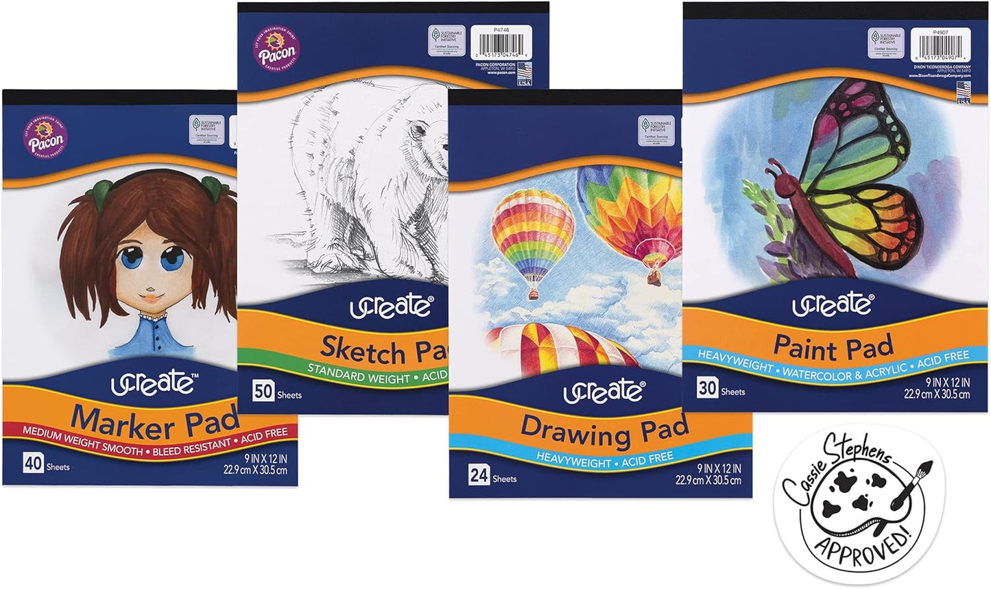 UCreate Art Paper Set - 4 Pads of White Drawing & Sketch Paper | 9" x 12" for Markers & Paint