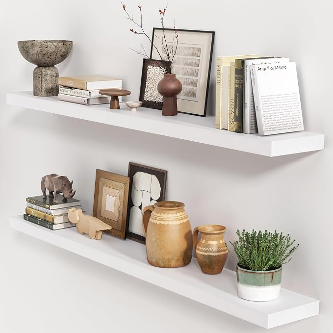 fuqing White Floating Shelves 48 Inch Set of 2, Solid Wood Wall Mounted Shelves 48 Inches Long, Modern Floating Shelves for Bedroom Living Room Bathroom - White