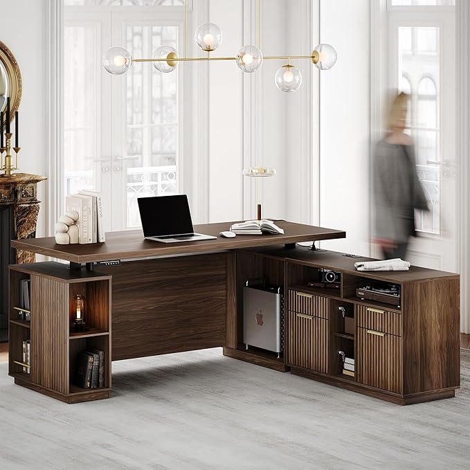 Standing Desk with File Cabinet, 70 Inch L Shaped Electric Height Adjustable Executive Desk with AC/USB and Privacy Panel, Computer Corner Table for Home Office, Black Walnut