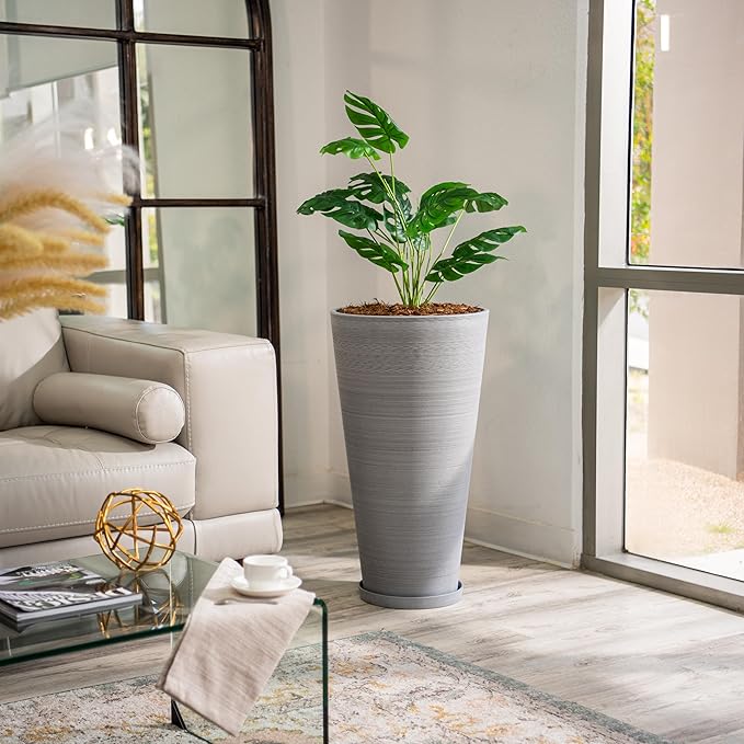 XBrand Modern 28-Inch Tall Round Planter, Modern Tapered Planter Perfect for Indoor & Outdoor Planter, Patio Décor, Set of 2, Gray