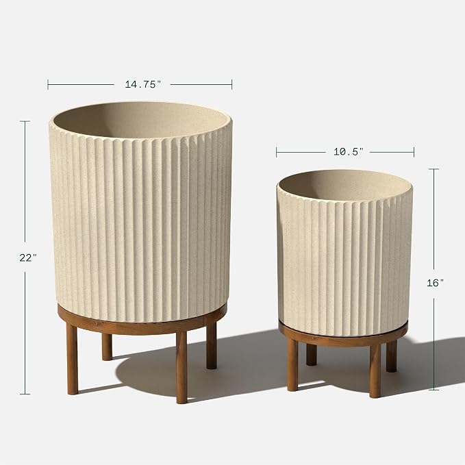 Veradek Demi Series Round Planter w/Stand for Porch/Patio | Durable Plastic-Stone Composite & Wooden Stand | Modern Décor for Tall Plants, Flowers