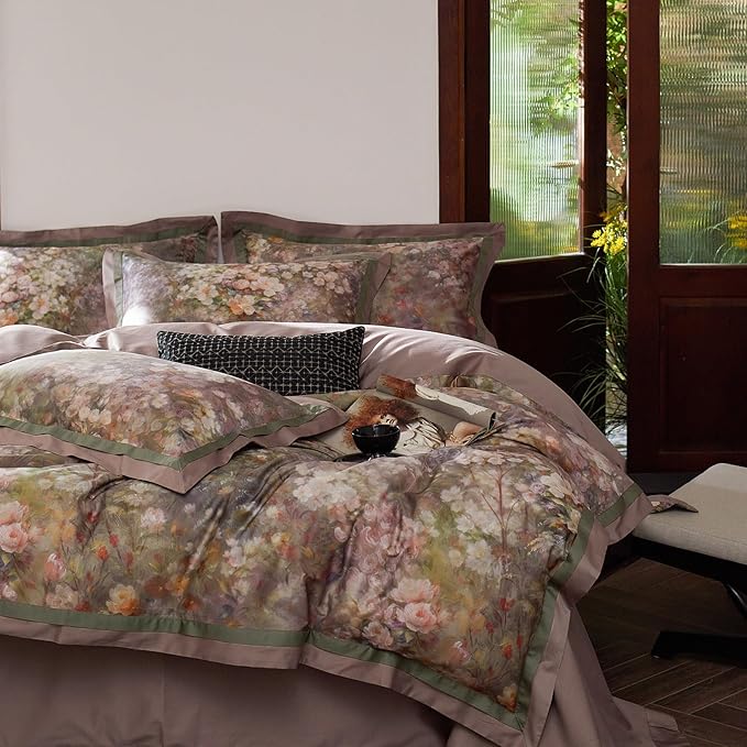 mixinni Vintage Floral Duvet Cover Set - King Size, 100% Long Staple Cotton Percale, Reversible Garden Style Bedding Set with Zipper Closure, 3-Piece Luxury Duvet Cover with 2 Pillow Shams (20"x36")