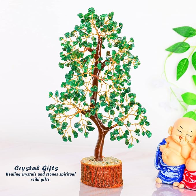Healing Crystal Money Trees Feng Shui Gift Handmade Reiki Crystals & Stone Home Office Table Décor Good Luck Throat Chakras (Green Aventurine Golden Wire)