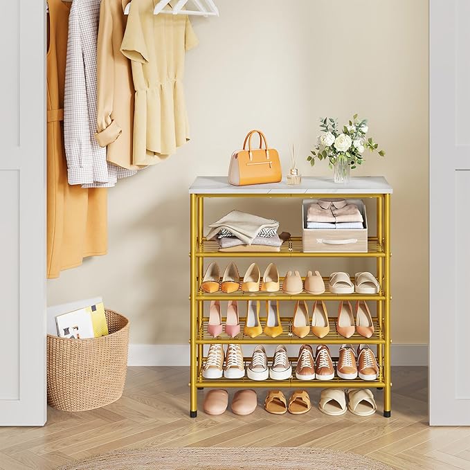 Tajsoon 5 Tier Shoe Rack Organizer for 16-20 Pairs of Shoes, Metal Mesh Shoe Shelf for Closet, Industrial Shoe Rack for Entryway Shoe Storage with X Shape Fixed Frame, White & Gold