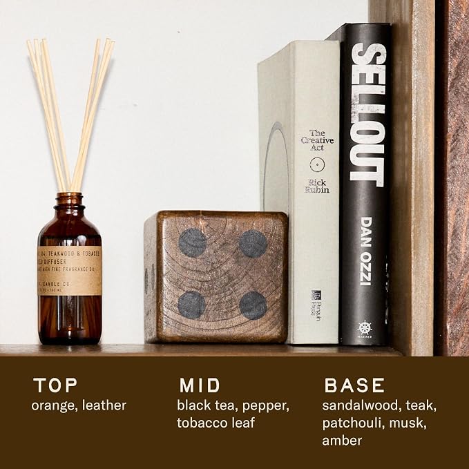 P.F. Candle Co. Teakwood & Tobacco Classic Scented Rattan Reed Diffuser (3.5 fl oz) Amber Glass Jar, Fine Fragrance Oil, Low Maintenance Scent Throw, Made in The U.S.A.