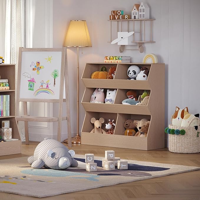 DINZI LVJ Toy Storage Organizer, Kids Bookshelf, Wooden Toy Storage Cabinet, 6 Cubby Children Bookcase, 35.4" L Toddler Book Shelf for Playroom, Living Room, Nursery, Hallway, School, Natural